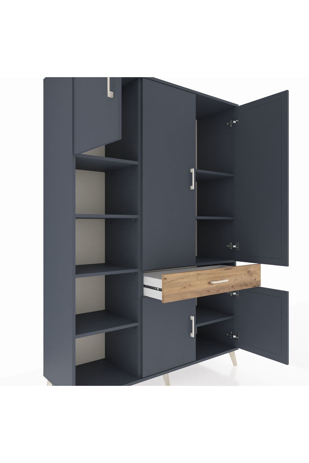 Hyperion Dolap 8 Raflı Tek Çekmeceli 5 Kapaklı 132x44x195 Antrasit-Antrasit/Çam