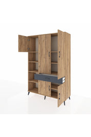 Hyperion Dolap 8 Raflı Tek Çekmeceli 5 Kapaklı 132x44x195 Çam-Çam/Antrasit