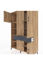 Hyperion Dolap 8 Raflı Tek Çekmeceli 5 Kapaklı 132x44x195 Çam-Çam/Antrasit