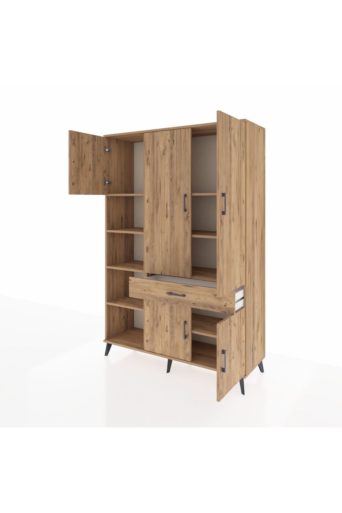 Hyperion Dolap 8 Raflı Tek Çekmeceli 5 Kapaklı 132x44x195 Çam-Çam/Çam