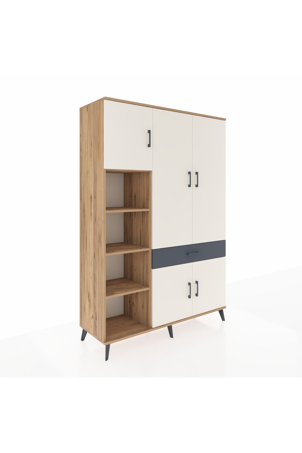 Hyperion Dolap 8 Raflı Tek Çekmeceli 5 Kapaklı 132x44x195 Çam-Aytaşı/Antrasit