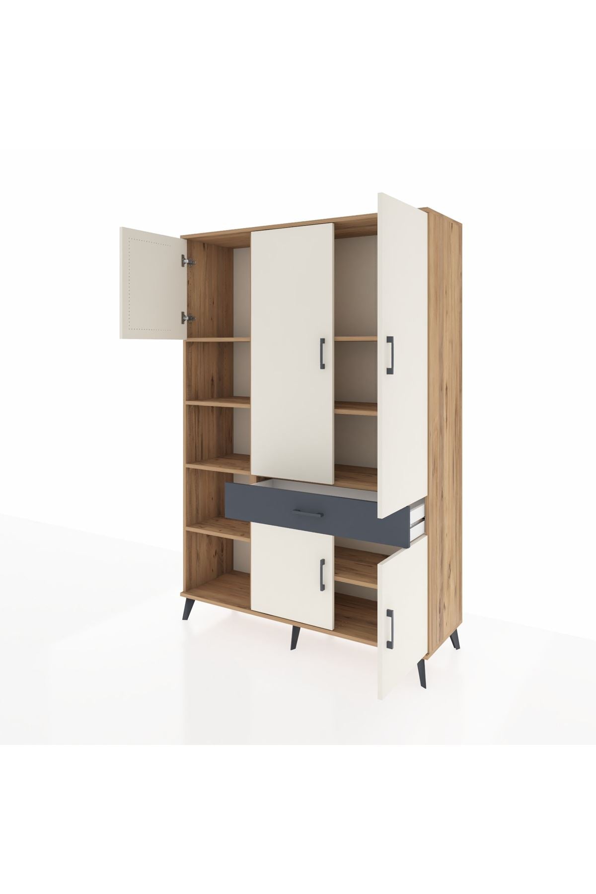 Hyperion Dolap 8 Raflı Tek Çekmeceli 5 Kapaklı 132x44x195 Çam-Aytaşı/Antrasit