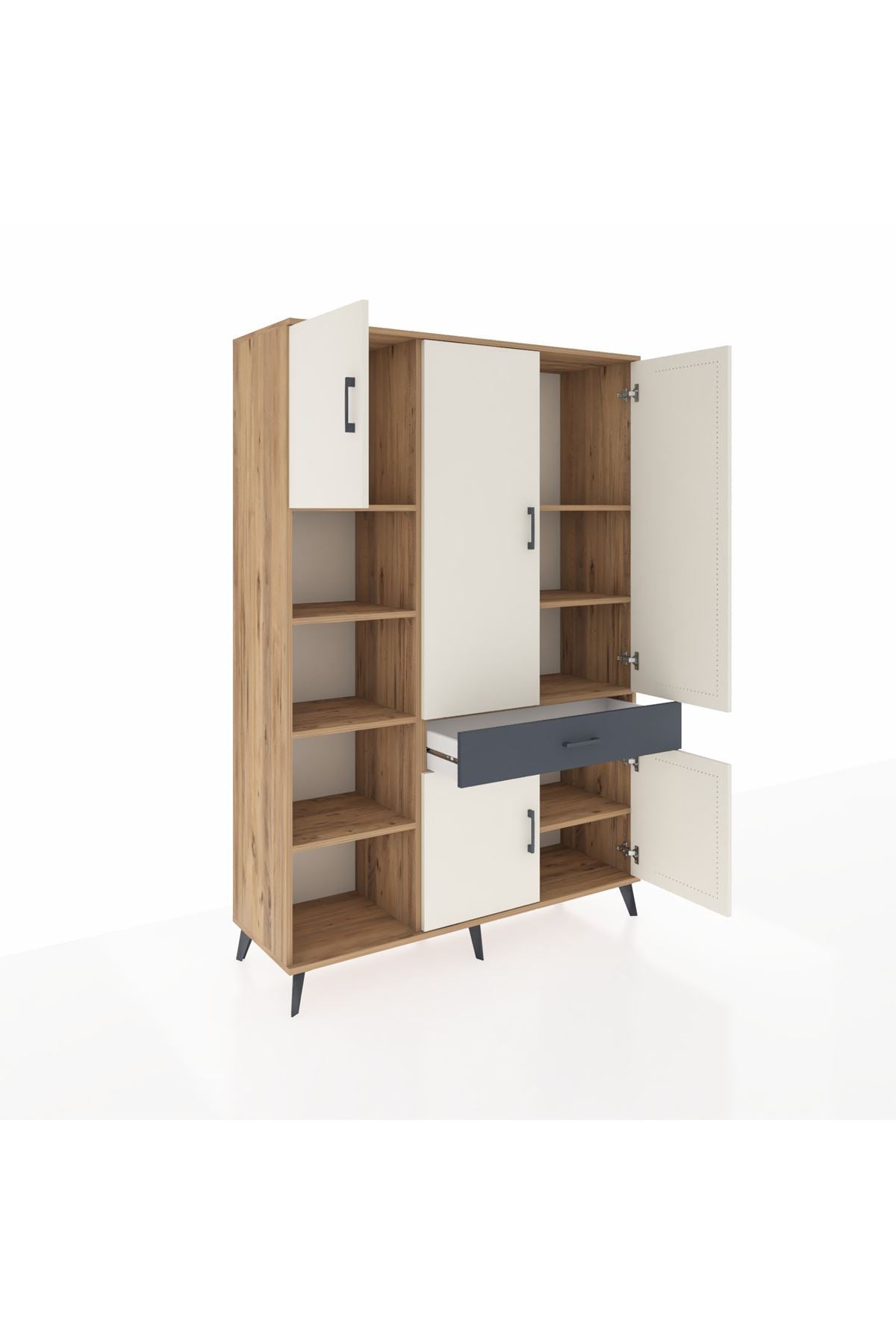 Hyperion Dolap 8 Raflı Tek Çekmeceli 5 Kapaklı 132x44x195 Çam-Aytaşı/Antrasit