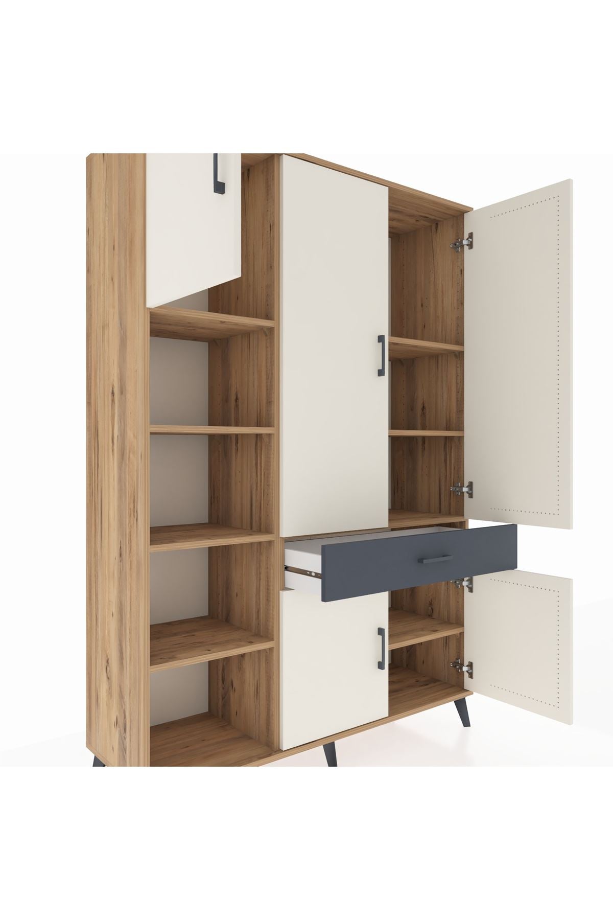 Hyperion Dolap 8 Raflı Tek Çekmeceli 5 Kapaklı 132x44x195 Çam-Aytaşı/Antrasit