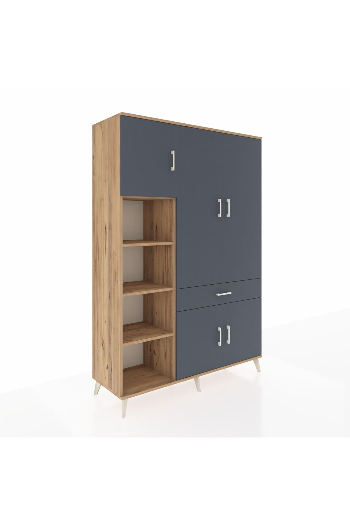 Hyperion Dolap 8 Raflı Tek Çekmeceli 5 Kapaklı 132x44x195 Çam-Antrasit/Antrasit