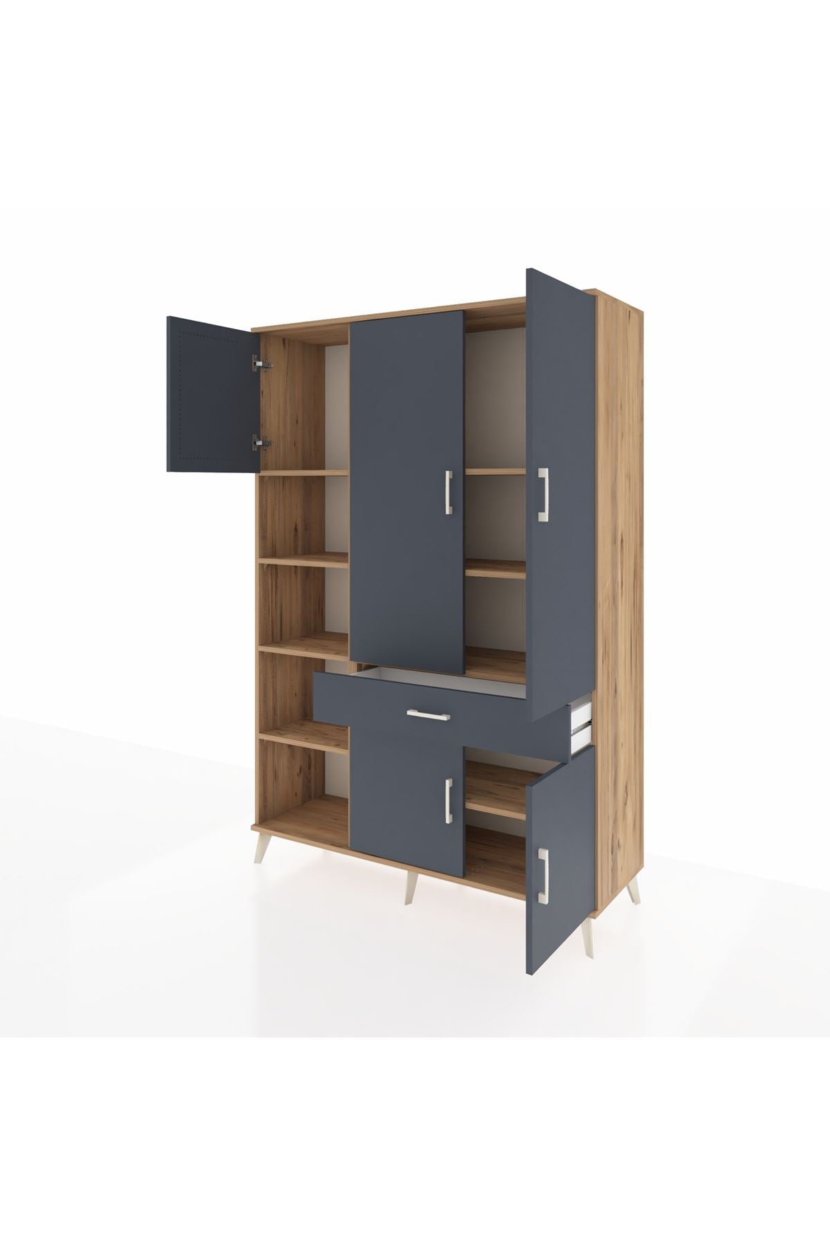 Hyperion Dolap 8 Raflı Tek Çekmeceli 5 Kapaklı 132x44x195 Çam-Antrasit/Antrasit