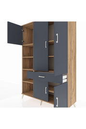 Hyperion Dolap 8 Raflı Tek Çekmeceli 5 Kapaklı 132x44x195 Çam-Antrasit/Antrasit