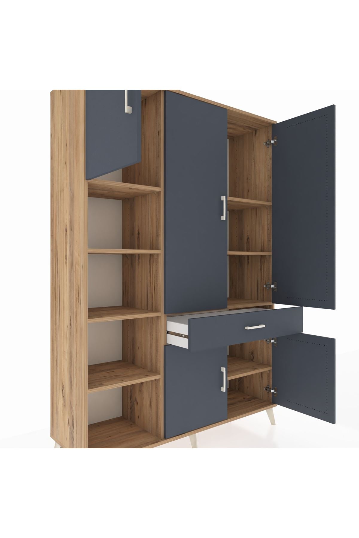 Hyperion Dolap 8 Raflı Tek Çekmeceli 5 Kapaklı 132x44x195 Çam-Antrasit/Antrasit