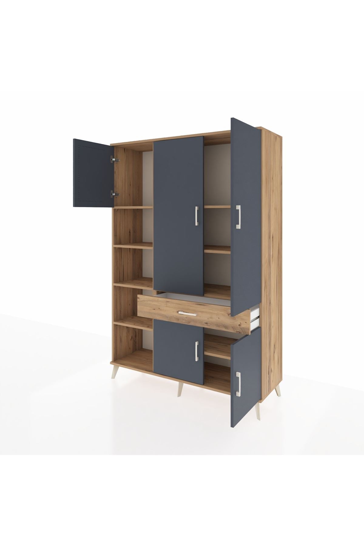 Hyperion Dolap 8 Raflı Tek Çekmeceli 5 Kapaklı 132x44x195 Çam-Antrasit/Çam