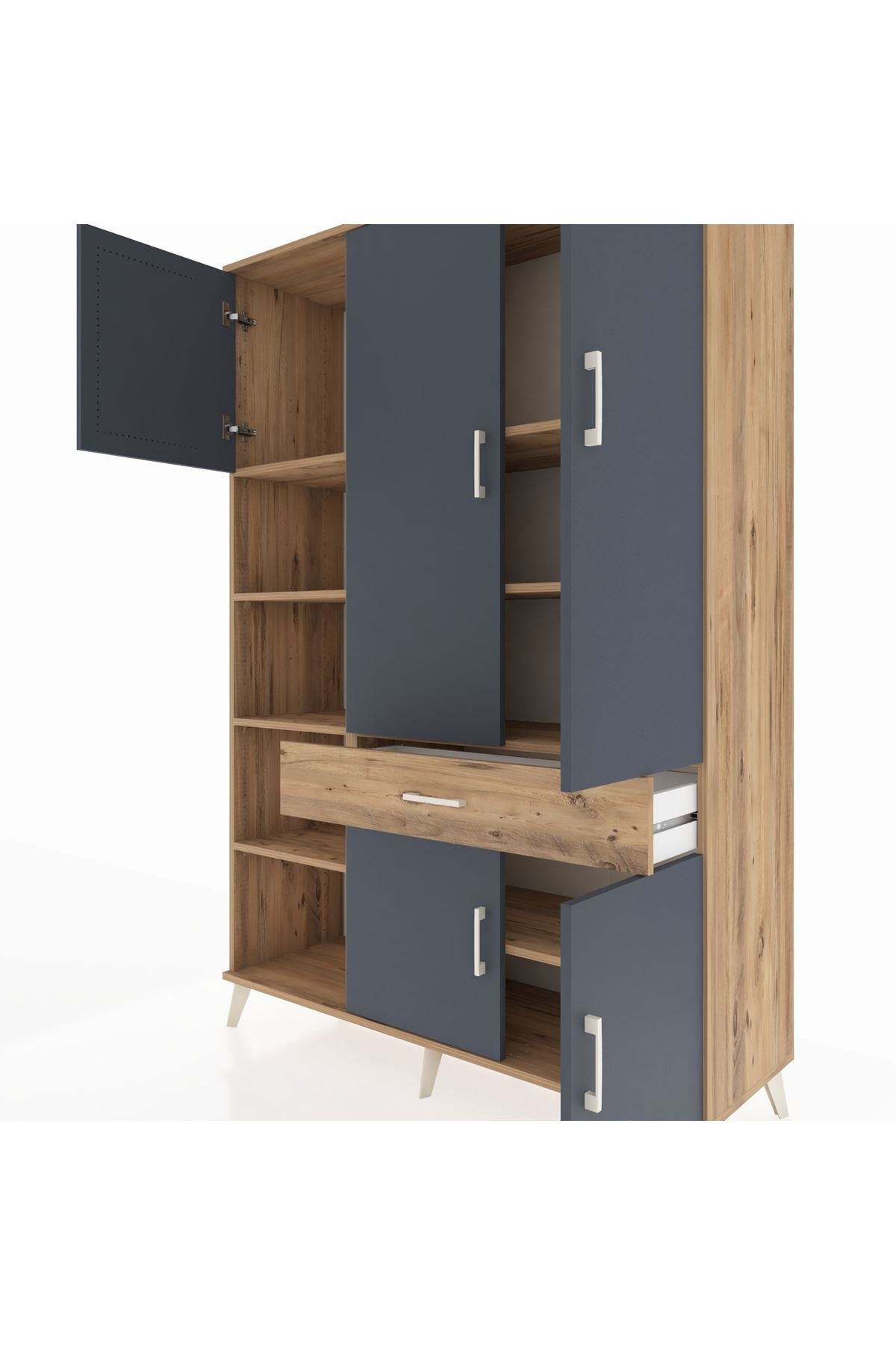 Hyperion Dolap 8 Raflı Tek Çekmeceli 5 Kapaklı 132x44x195 Çam-Antrasit/Çam