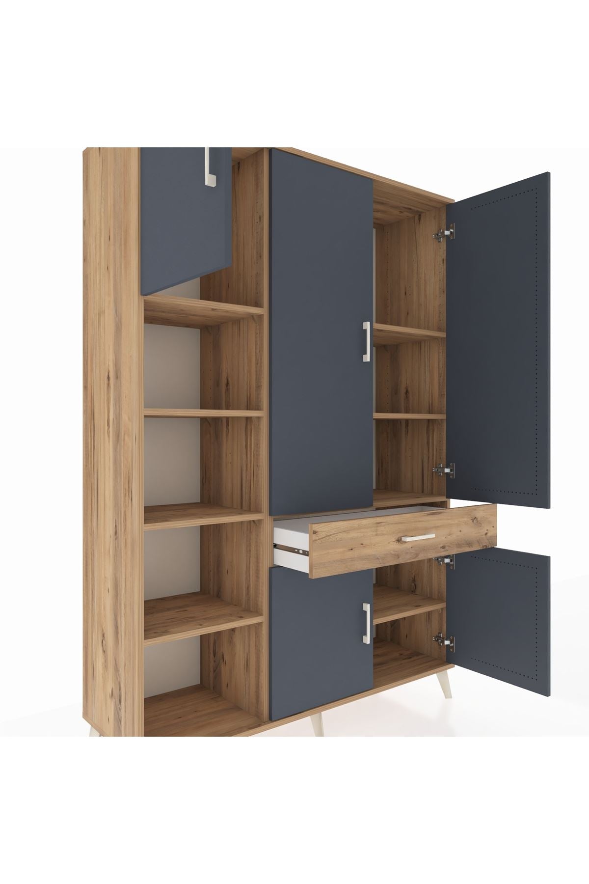 Hyperion Dolap 8 Raflı Tek Çekmeceli 5 Kapaklı 132x44x195 Çam-Antrasit/Çam