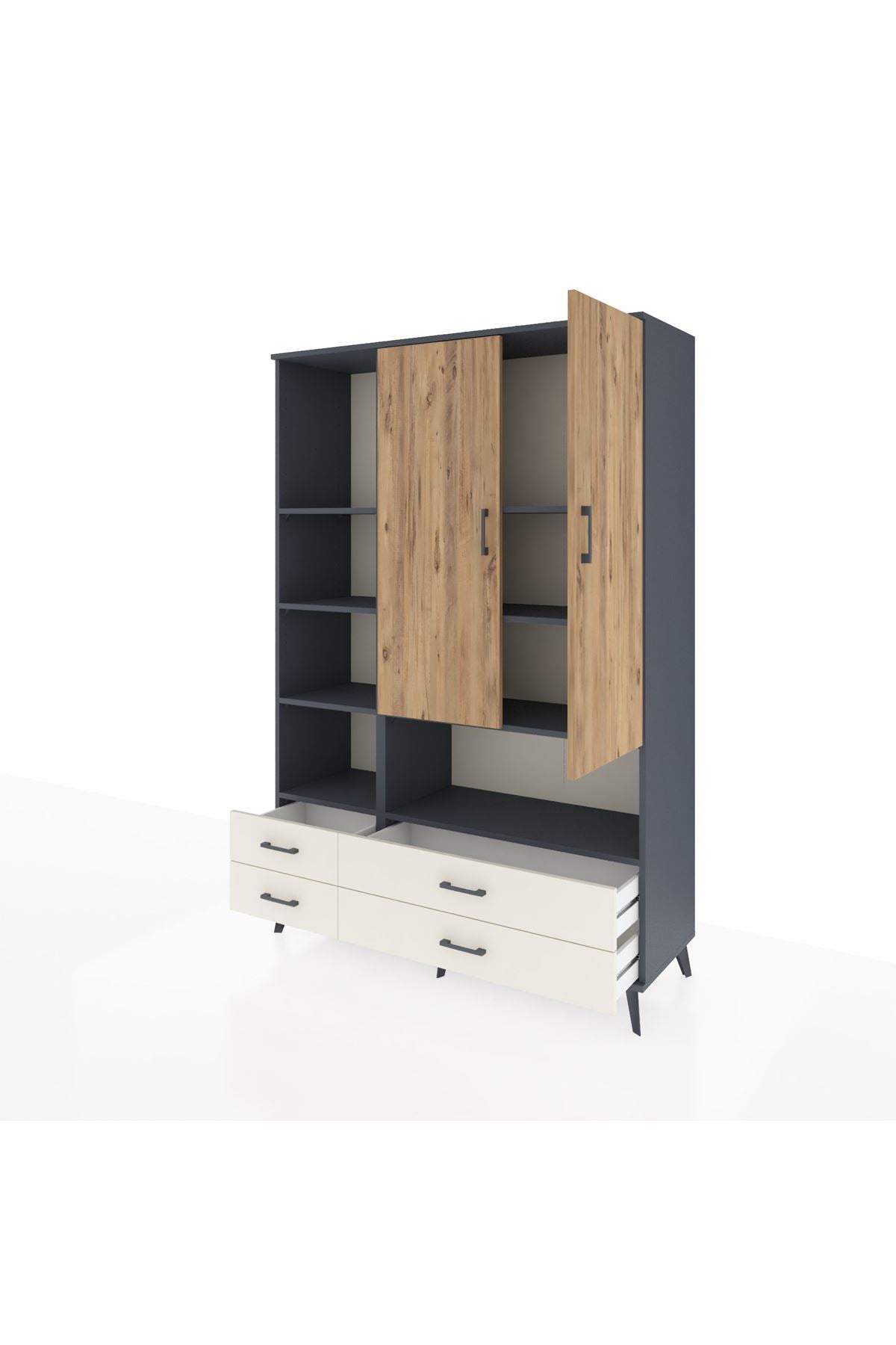 Hyperion Dolap 8 Raflı 4 Çekmeceli 2 Kapaklı 132x44x195 Antrasit-Çam/Aytaşı