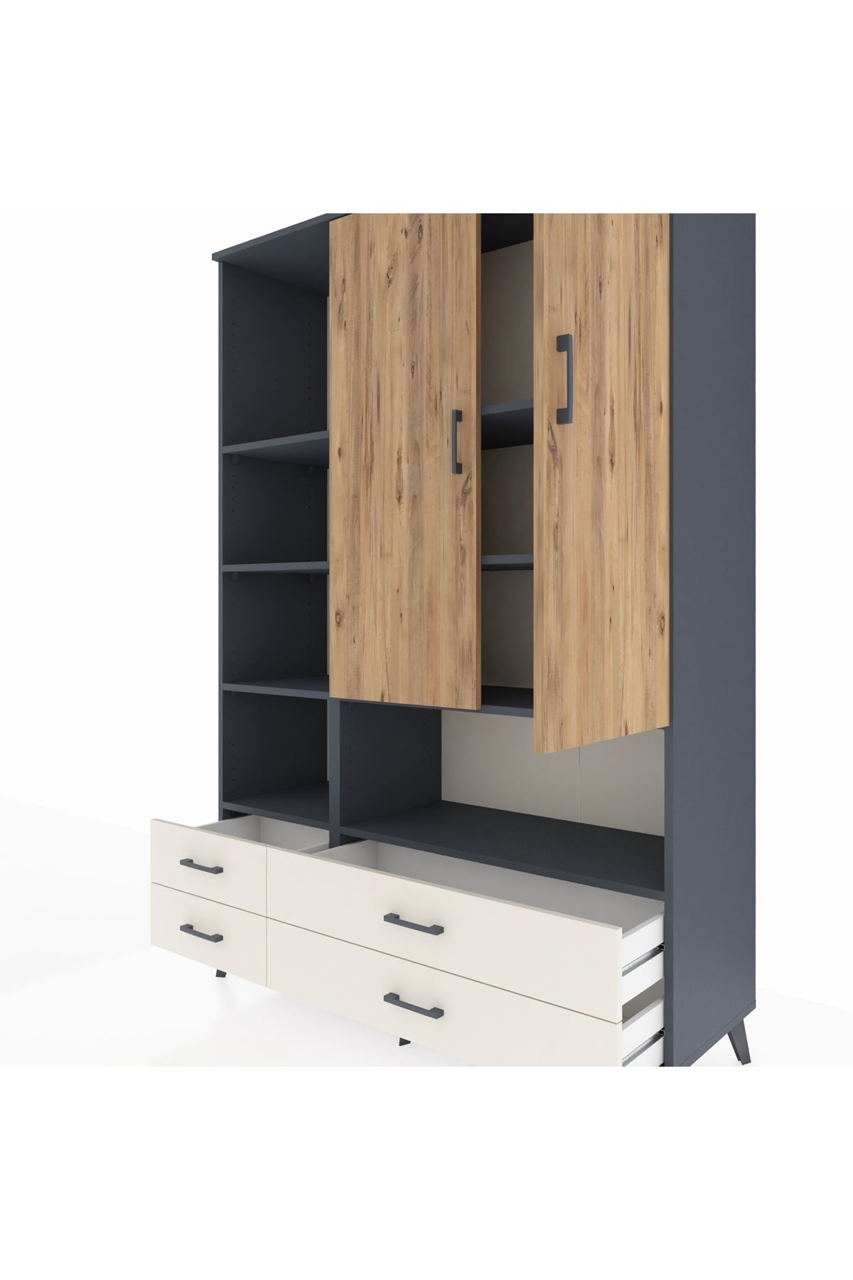 Hyperion Dolap 8 Raflı 4 Çekmeceli 2 Kapaklı 132x44x195 Antrasit-Çam/Aytaşı