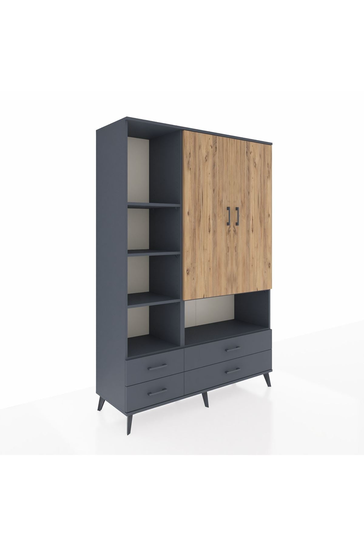 Hyperion Dolap 8 Raflı 4 Çekmeceli 2 Kapaklı 132x44x195 Antrasit-Çam/Antrasit