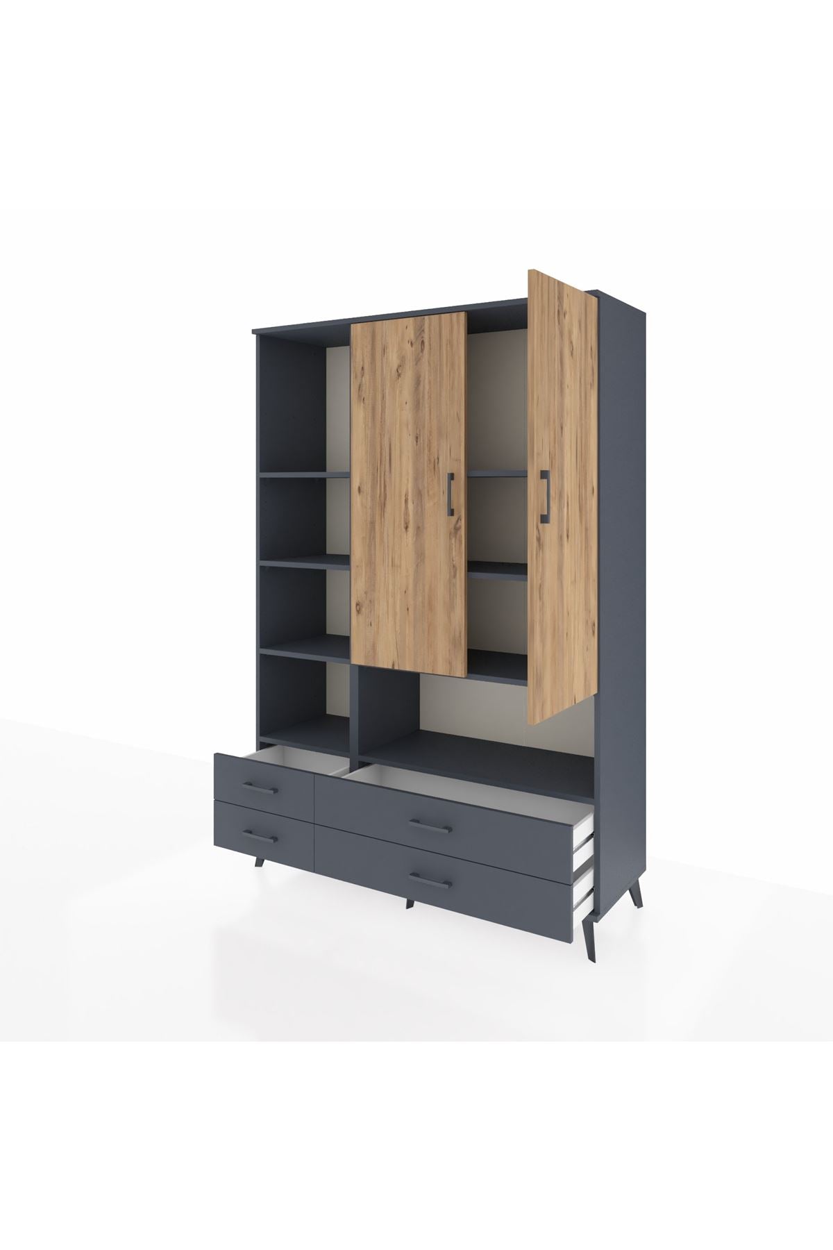 Hyperion Dolap 8 Raflı 4 Çekmeceli 2 Kapaklı 132x44x195 Antrasit-Çam/Antrasit