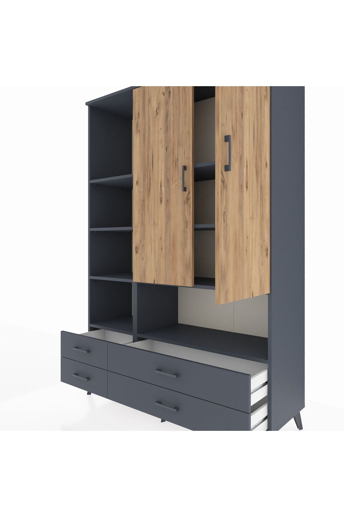 Hyperion Dolap 8 Raflı 4 Çekmeceli 2 Kapaklı 132x44x195 Antrasit-Çam/Antrasit