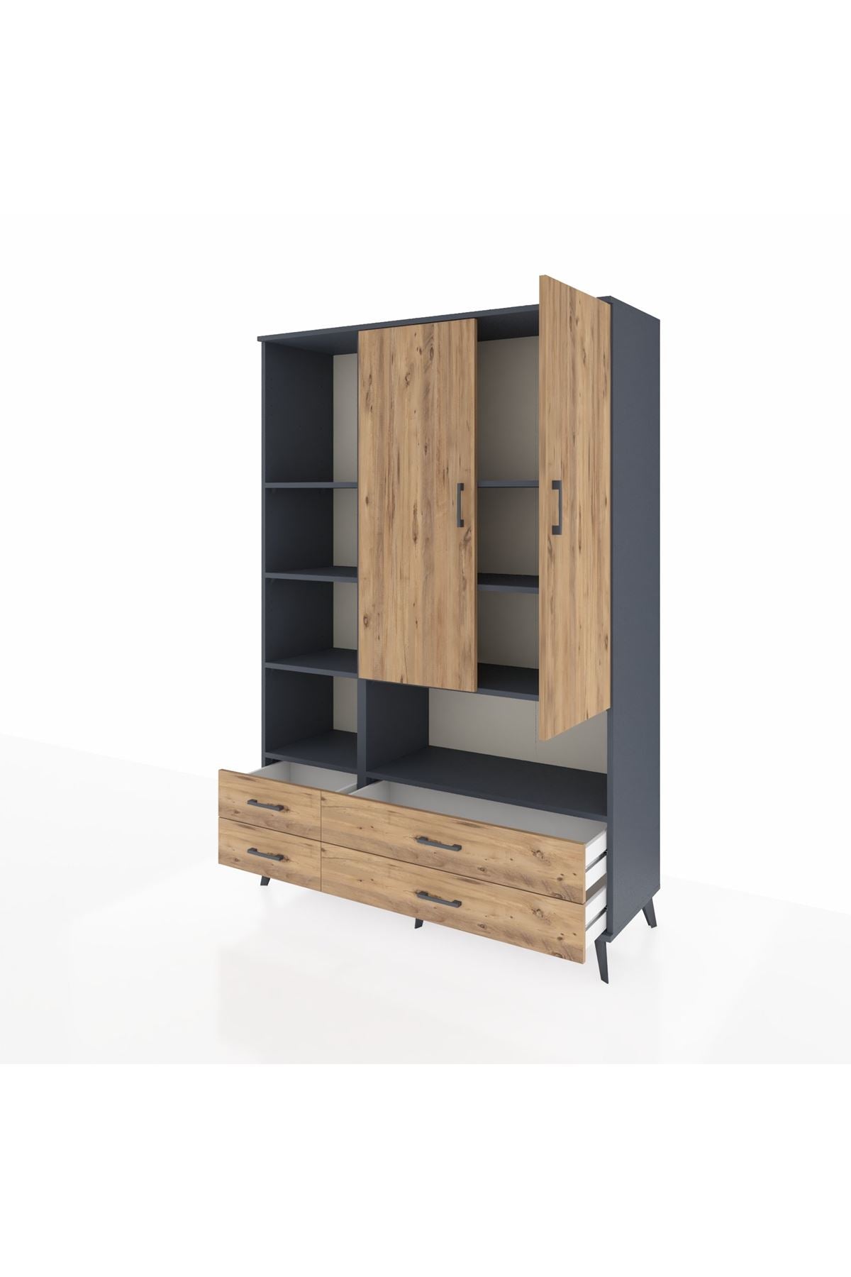 Hyperion Dolap 8 Raflı 4 Çekmeceli 2 Kapaklı 132x44x195 Antrasit-Çam/Çam