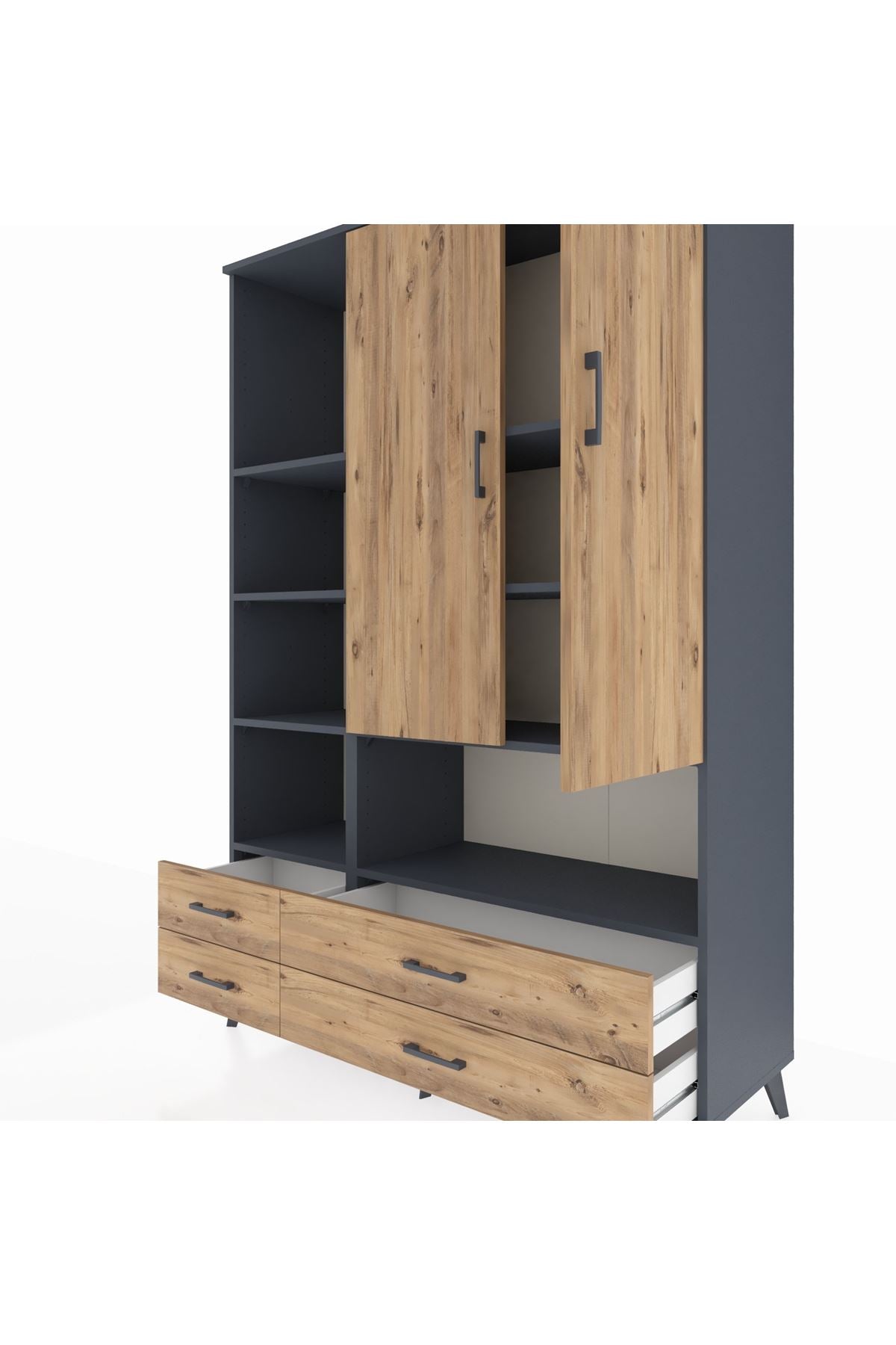 Hyperion Dolap 8 Raflı 4 Çekmeceli 2 Kapaklı 132x44x195 Antrasit-Çam/Çam