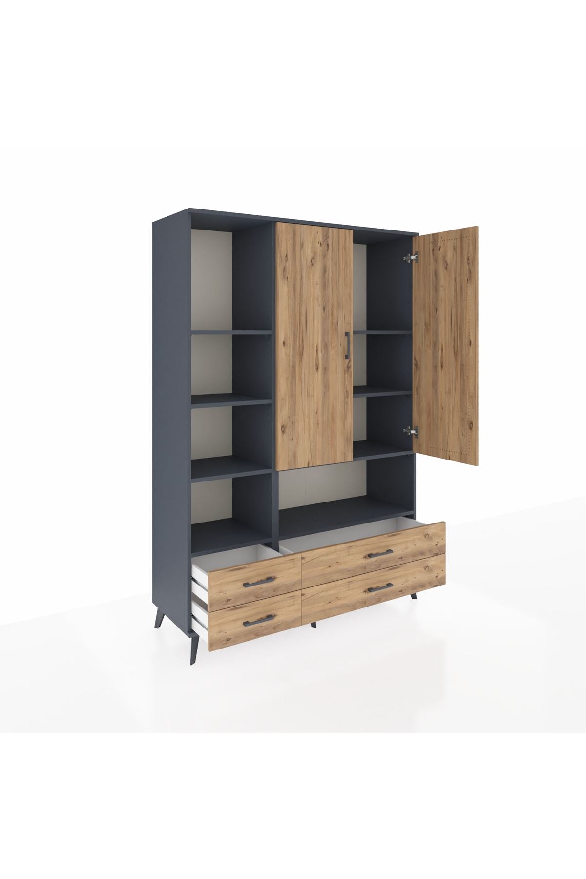 Hyperion Dolap 8 Raflı 4 Çekmeceli 2 Kapaklı 132x44x195 Antrasit-Çam/Çam