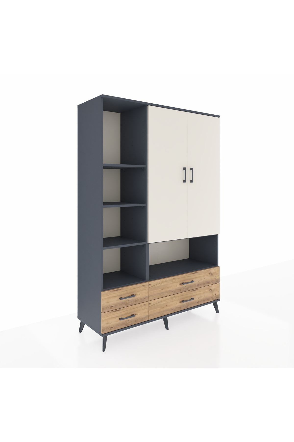 Hyperion Dolap 8 Raflı 4 Çekmeceli 2 Kapaklı 132x44x195 Antrasit-Aytaşı/Çam