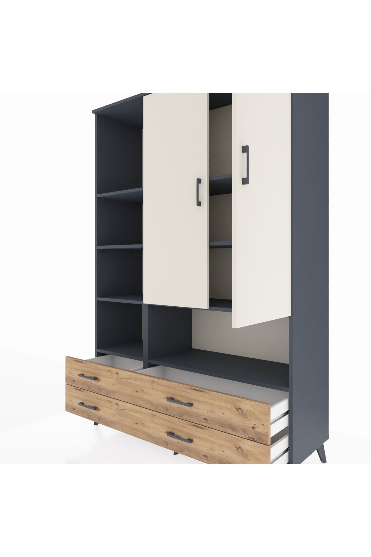 Hyperion Dolap 8 Raflı 4 Çekmeceli 2 Kapaklı 132x44x195 Antrasit-Aytaşı/Çam