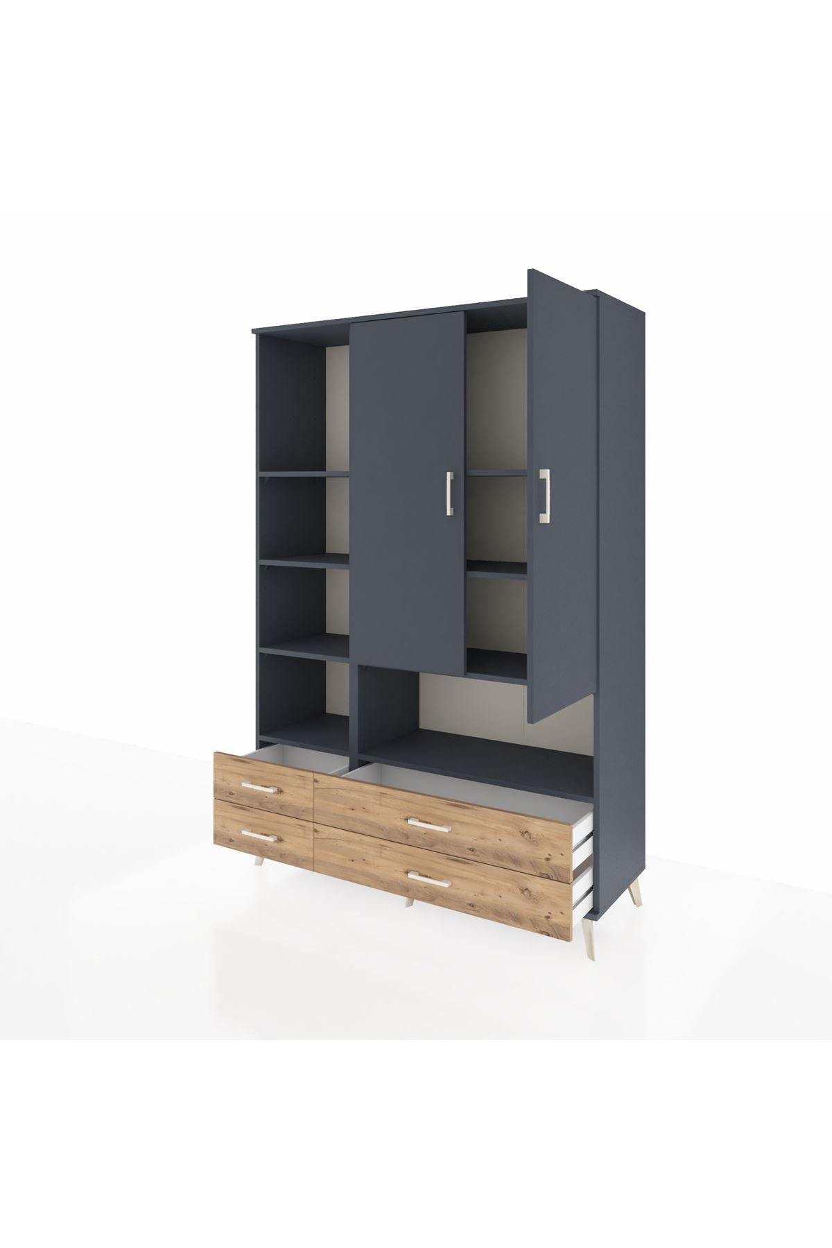 Hyperion Dolap 8 Raflı 4 Çekmeceli 2 Kapaklı 132x44x195 Antrasit-Antrasit/Çam