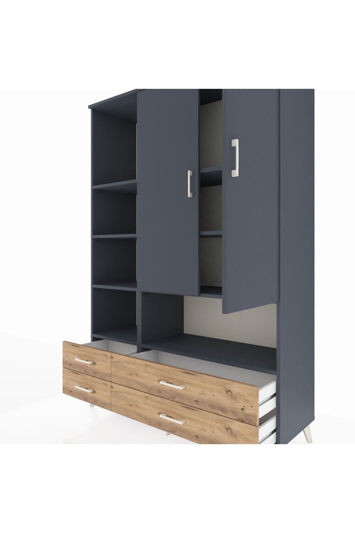 Hyperion Dolap 8 Raflı 4 Çekmeceli 2 Kapaklı 132x44x195 Antrasit-Antrasit/Çam