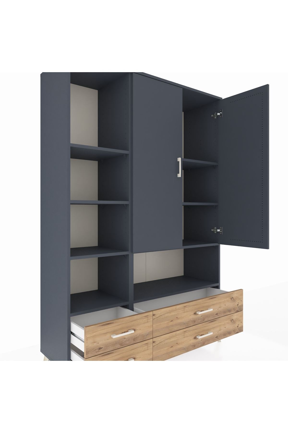 Hyperion Dolap 8 Raflı 4 Çekmeceli 2 Kapaklı 132x44x195 Antrasit-Antrasit/Çam