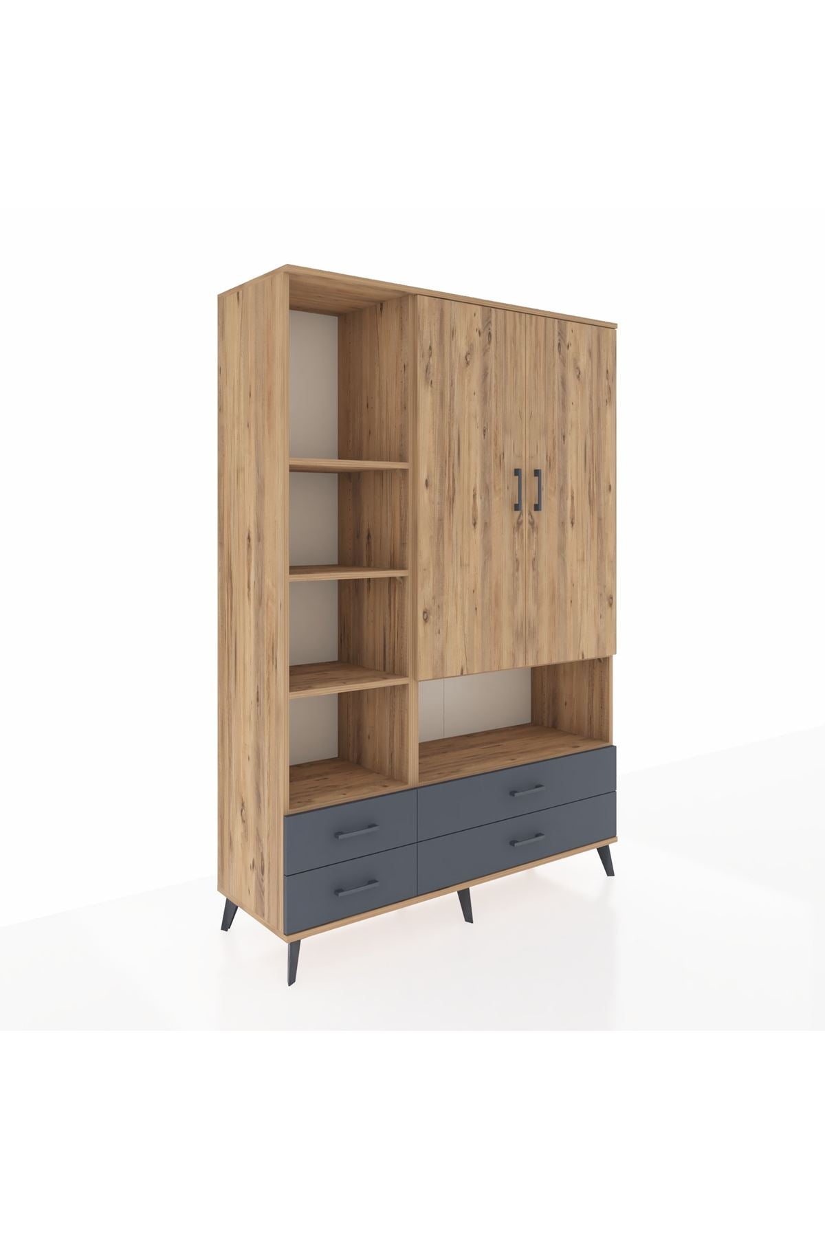 Hyperion Dolap 8 Raflı 4 Çekmeceli 2 Kapaklı 132x44x195 Çam-Çam/Antrasit