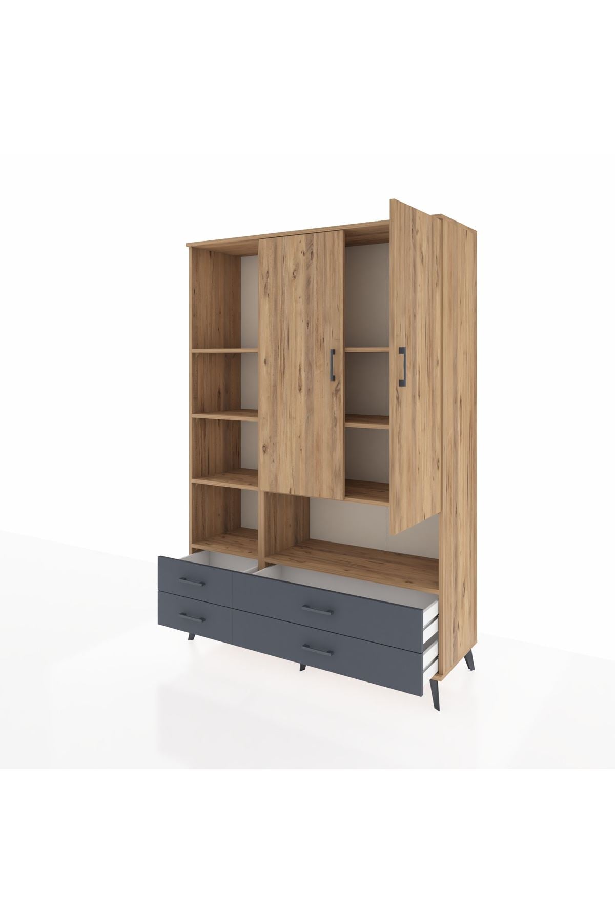 Hyperion Dolap 8 Raflı 4 Çekmeceli 2 Kapaklı 132x44x195 Çam-Çam/Antrasit