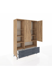 Hyperion Dolap 8 Raflı 4 Çekmeceli 2 Kapaklı 132x44x195 Çam-Çam/Antrasit