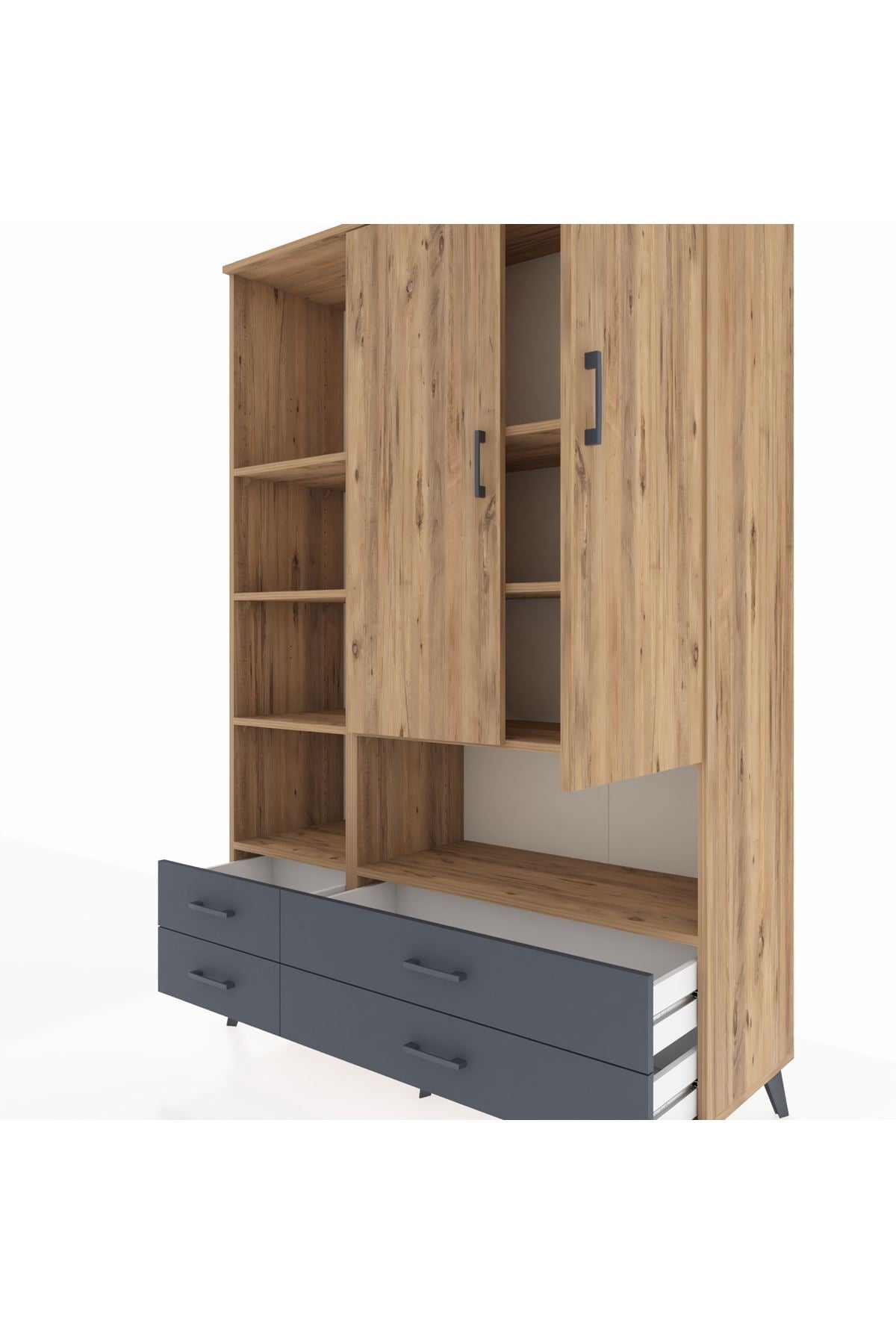 Hyperion Dolap 8 Raflı 4 Çekmeceli 2 Kapaklı 132x44x195 Çam-Çam/Antrasit