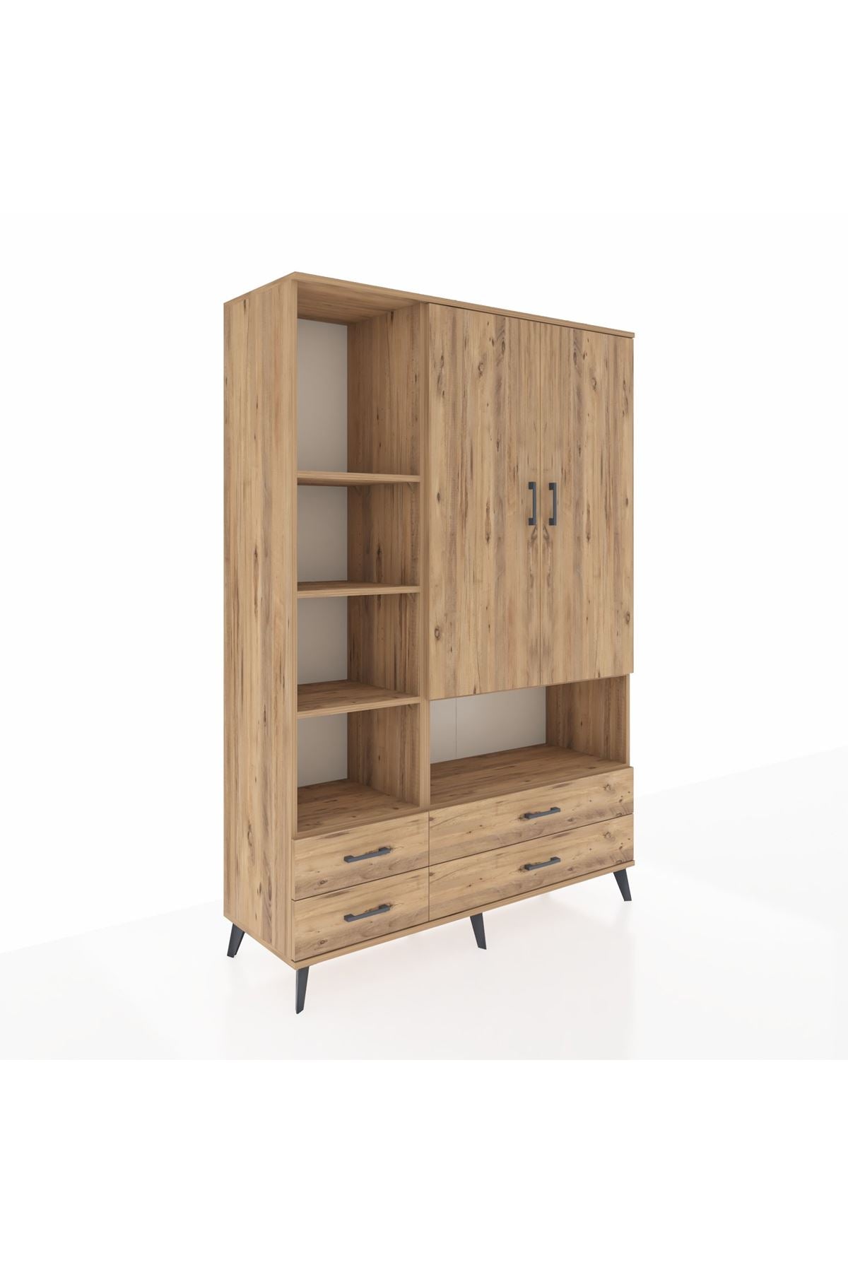 Hyperion Dolap 8 Raflı 4 Çekmeceli 2 Kapaklı 132x44x195 Çam-Çam/Çam