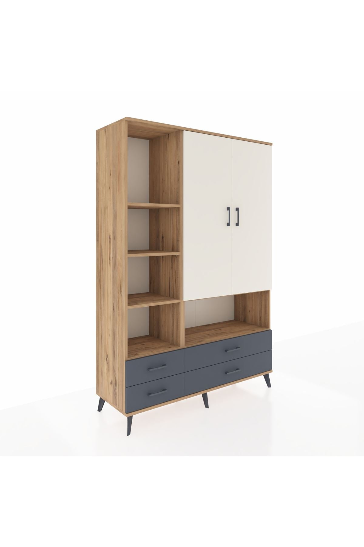 Hyperion Dolap 8 Raflı 4 Çekmeceli 2 Kapaklı 132x44x195 Çam-Aytaşı/Antrasit