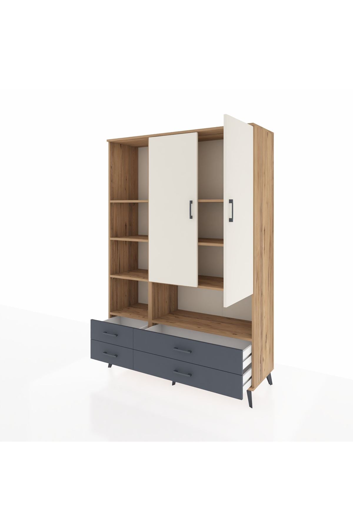 Hyperion Dolap 8 Raflı 4 Çekmeceli 2 Kapaklı 132x44x195 Çam-Aytaşı/Antrasit