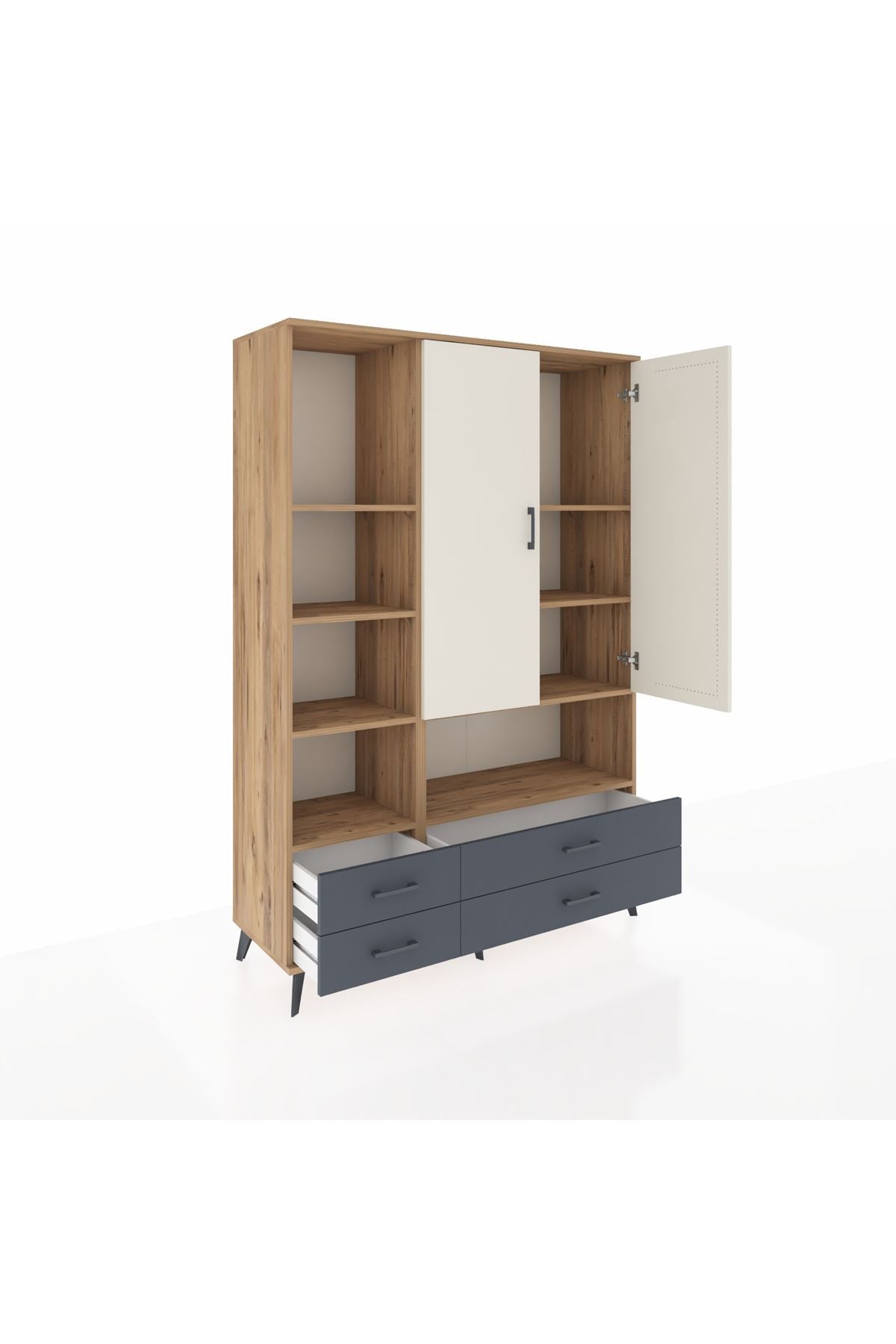Hyperion Dolap 8 Raflı 4 Çekmeceli 2 Kapaklı 132x44x195 Çam-Aytaşı/Antrasit