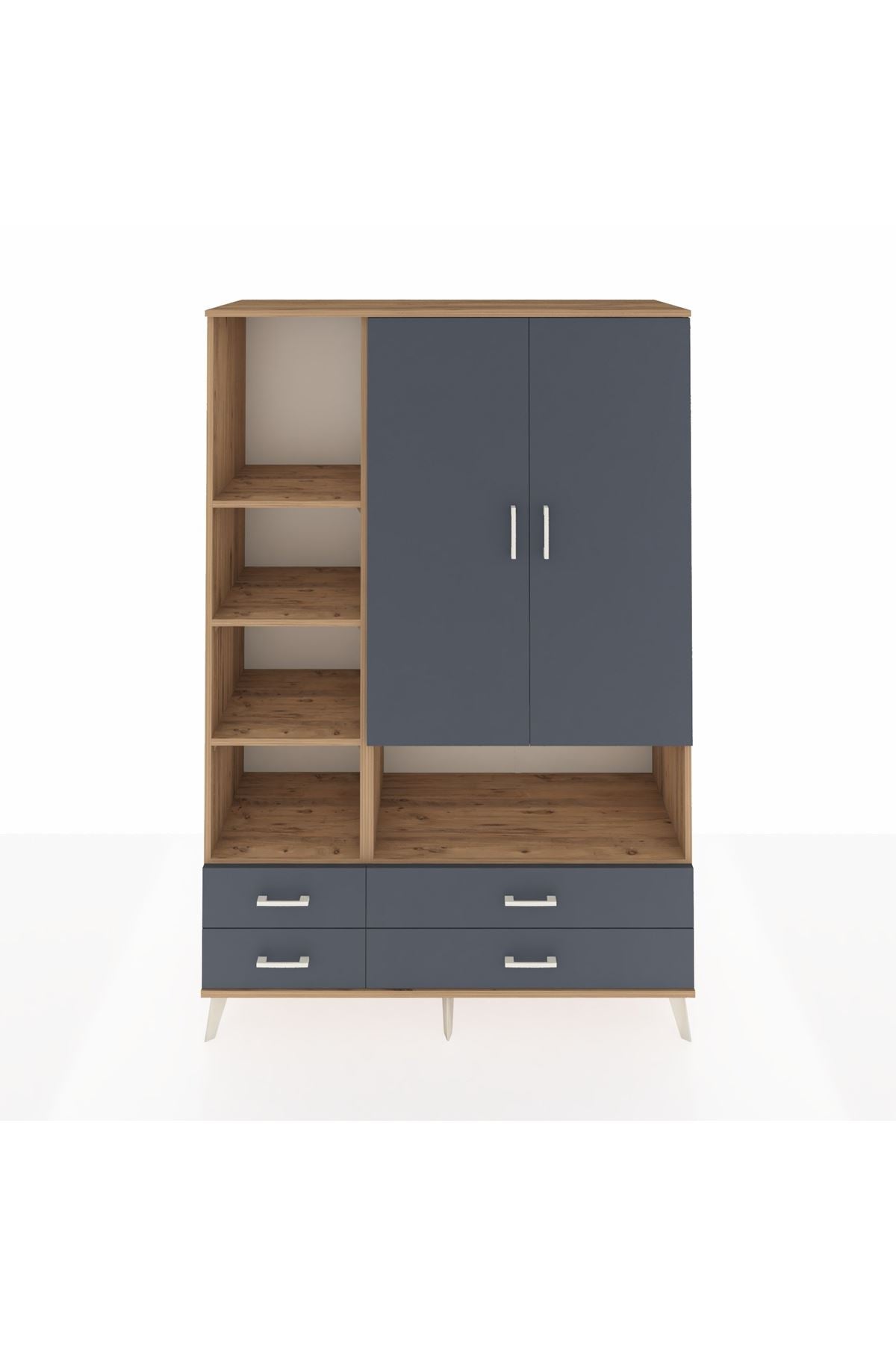 Hyperion Dolap 8 Raflı 4 Çekmeceli 2 Kapaklı 132x44x195 Çam-Antrasit/Antrasit