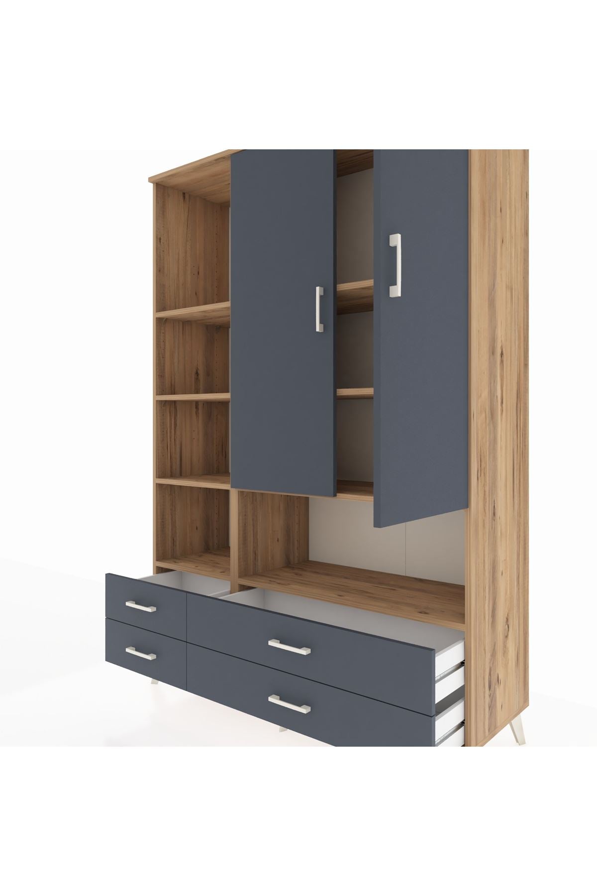 Hyperion Dolap 8 Raflı 4 Çekmeceli 2 Kapaklı 132x44x195 Çam-Antrasit/Antrasit