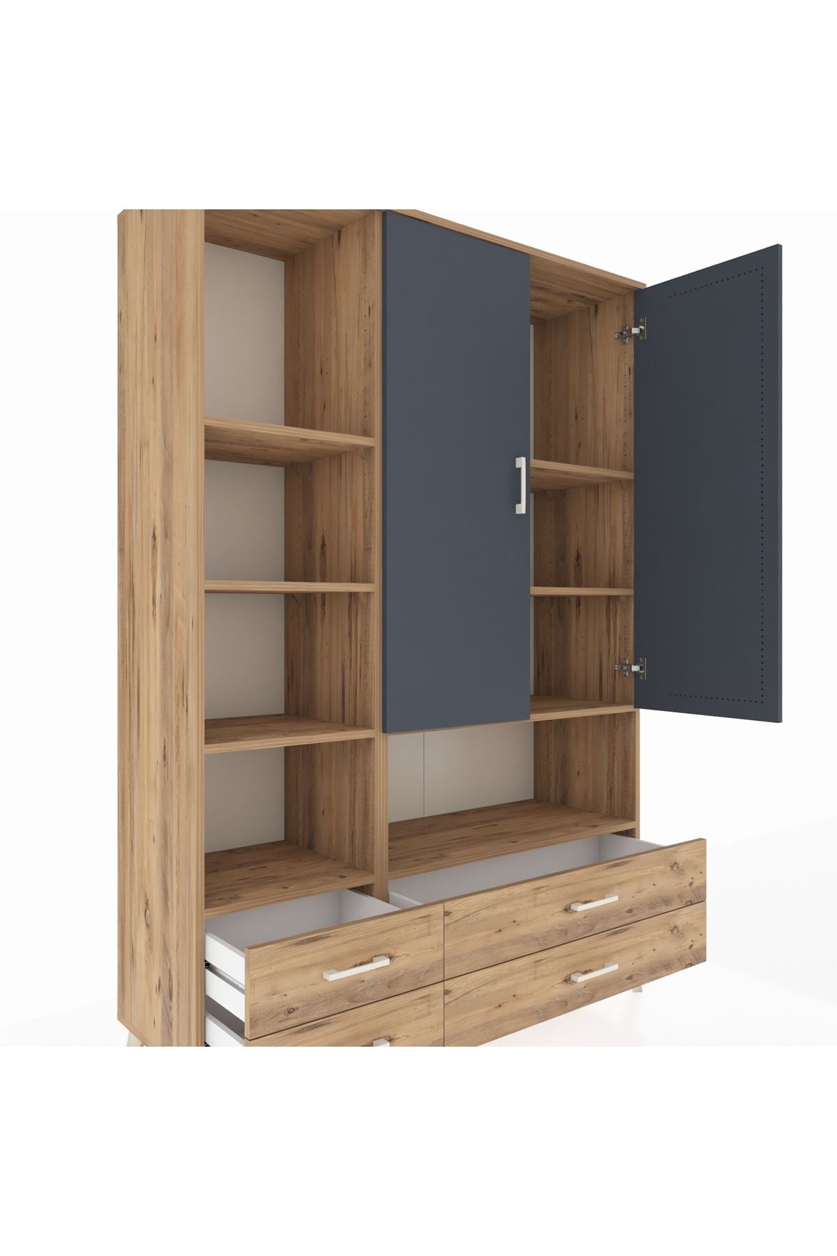 Hyperion Dolap 8 Raflı 4 Çekmeceli 2 Kapaklı 132x44x195 Çam-Antrasit/Çam