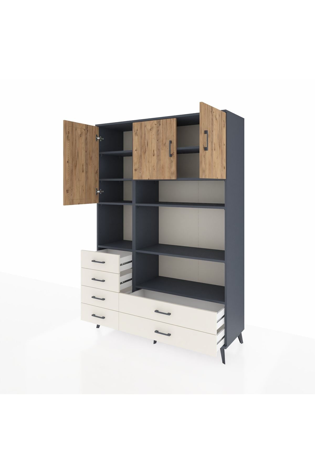 Hyperion Dolap 9 Raflı 6 Çekmeceli 3 Kapaklı 132x44x195 Antrasit-Çam/Aytaşı