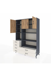 Hyperion Dolap 9 Raflı 6 Çekmeceli 3 Kapaklı 132x44x195 Antrasit-Çam/Aytaşı