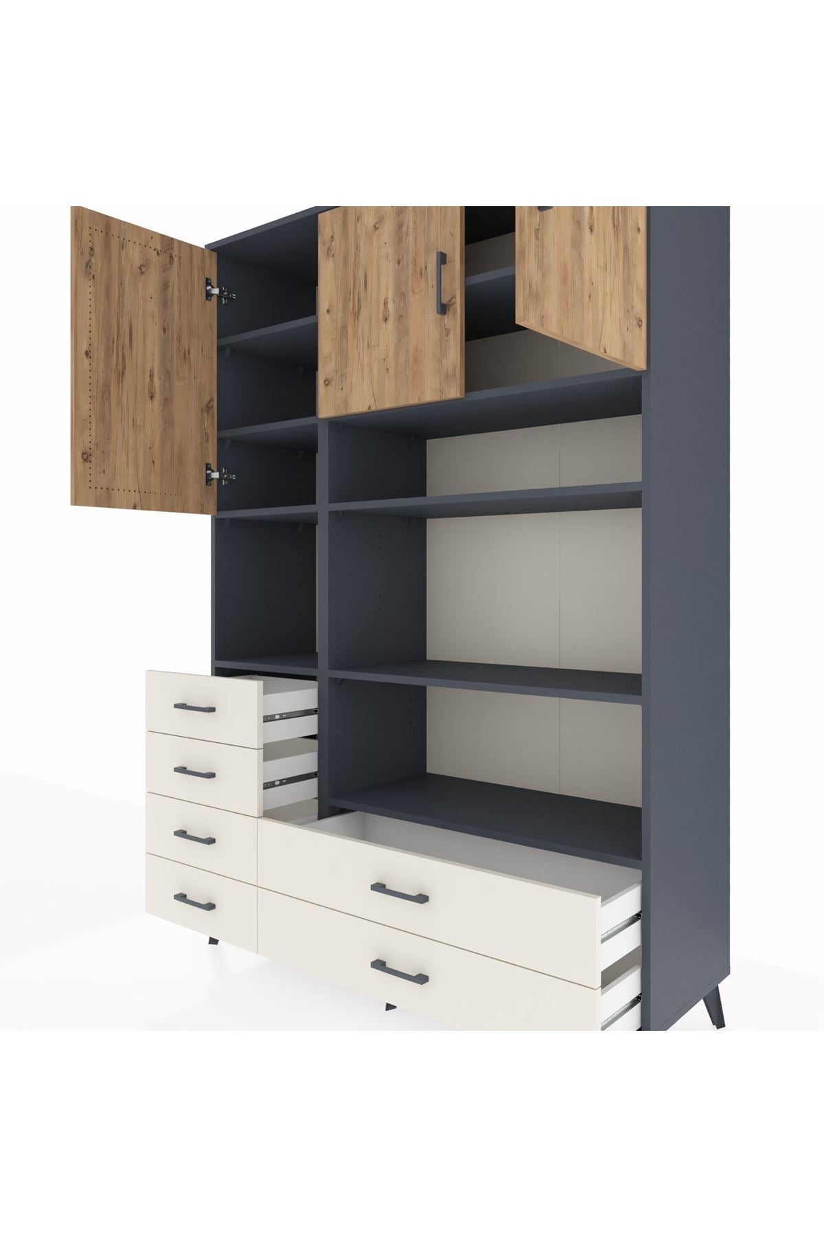 Hyperion Dolap 9 Raflı 6 Çekmeceli 3 Kapaklı 132x44x195 Antrasit-Çam/Aytaşı