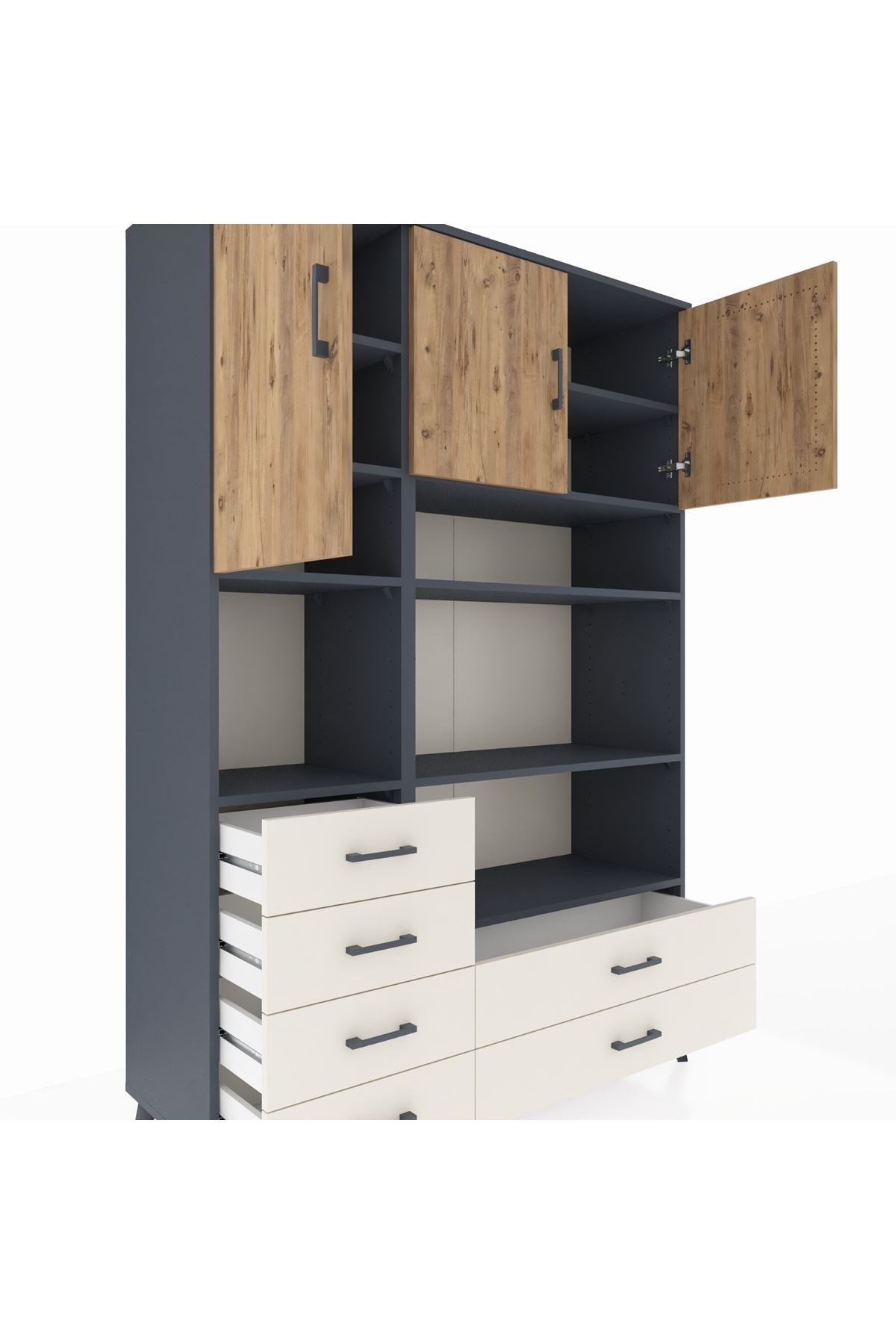 Hyperion Dolap 9 Raflı 6 Çekmeceli 3 Kapaklı 132x44x195 Antrasit-Çam/Aytaşı