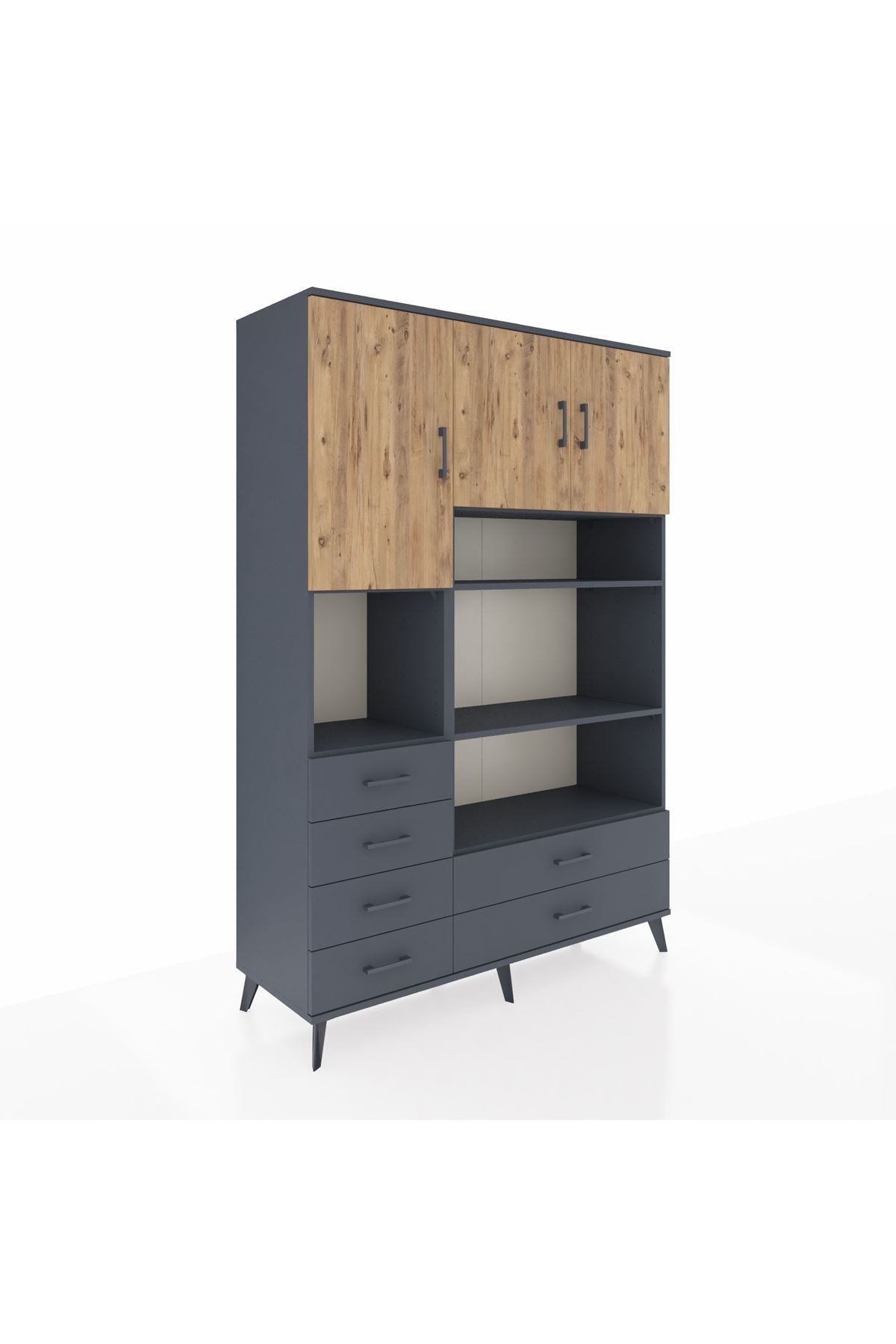 Hyperion Dolap 9 Raflı 6 Çekmeceli 3 Kapaklı 132x44x195 Antrasit-Çam/Antrasit