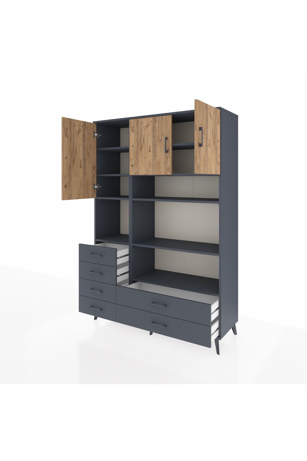 Hyperion Dolap 9 Raflı 6 Çekmeceli 3 Kapaklı 132x44x195 Antrasit-Çam/Antrasit