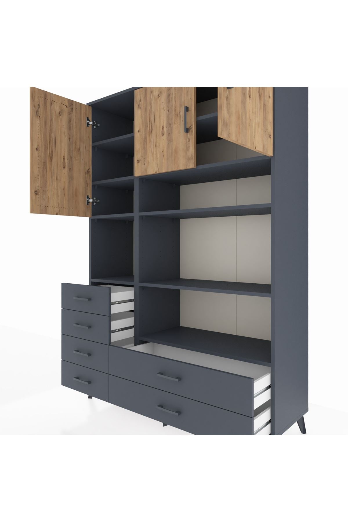 Hyperion Dolap 9 Raflı 6 Çekmeceli 3 Kapaklı 132x44x195 Antrasit-Çam/Antrasit