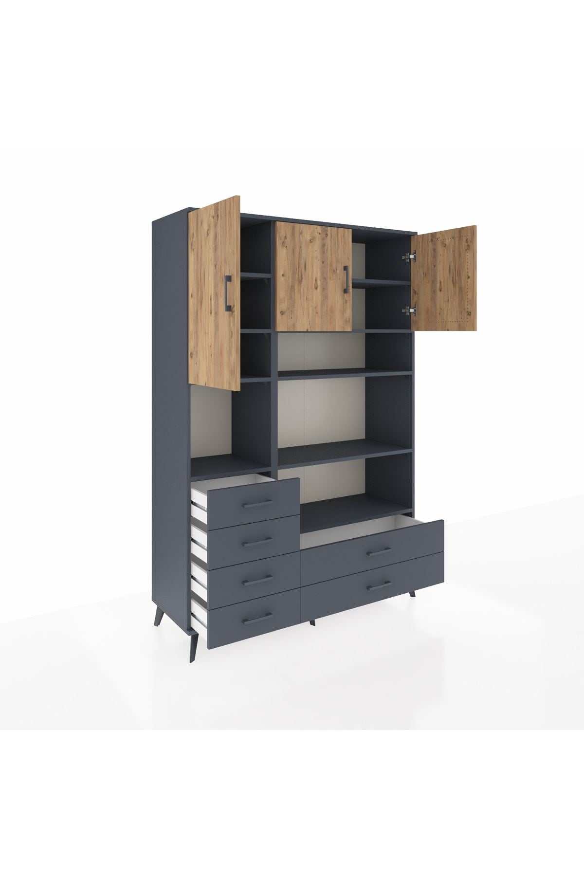 Hyperion Dolap 9 Raflı 6 Çekmeceli 3 Kapaklı 132x44x195 Antrasit-Çam/Antrasit