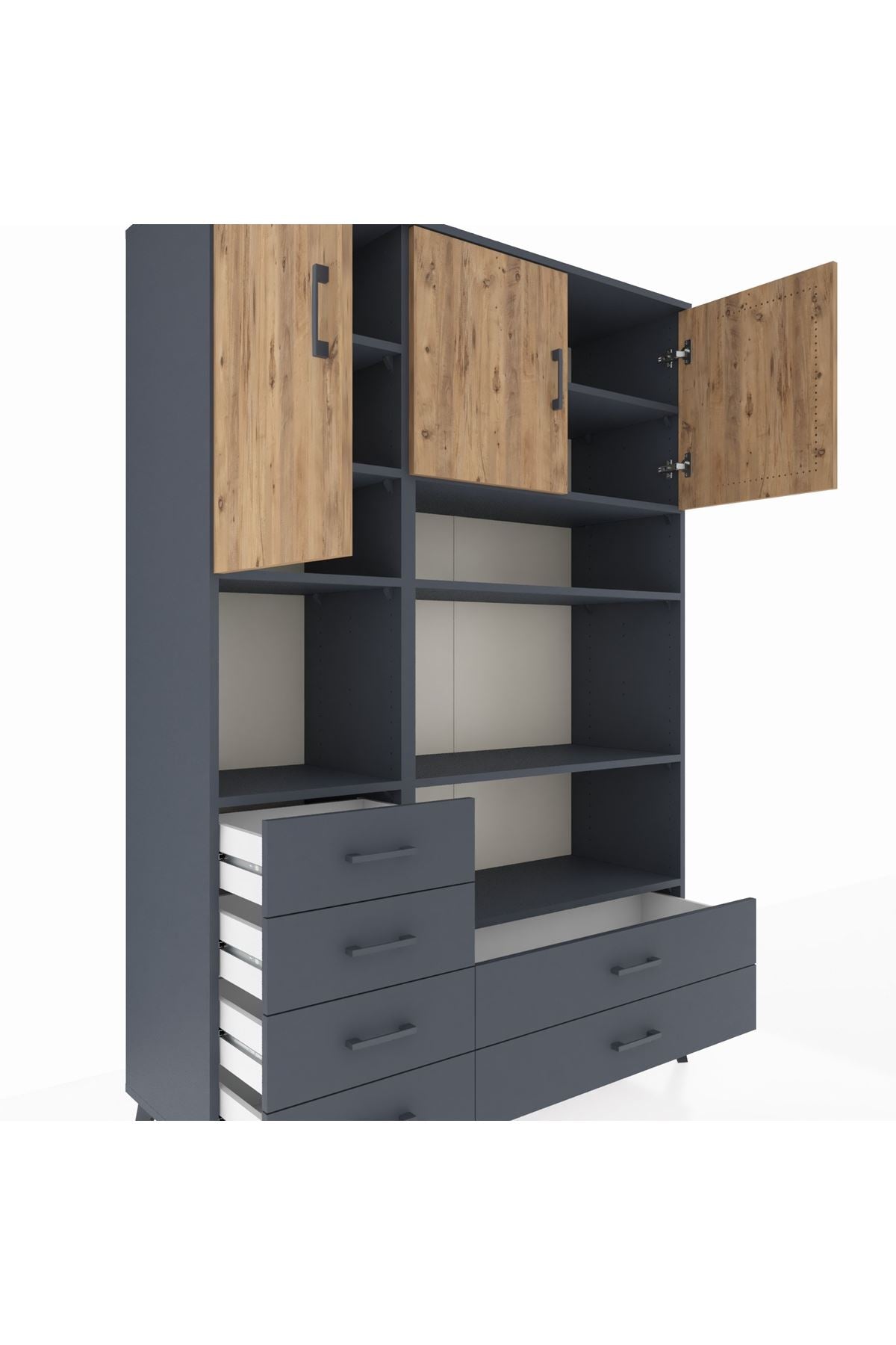Hyperion Dolap 9 Raflı 6 Çekmeceli 3 Kapaklı 132x44x195 Antrasit-Çam/Antrasit