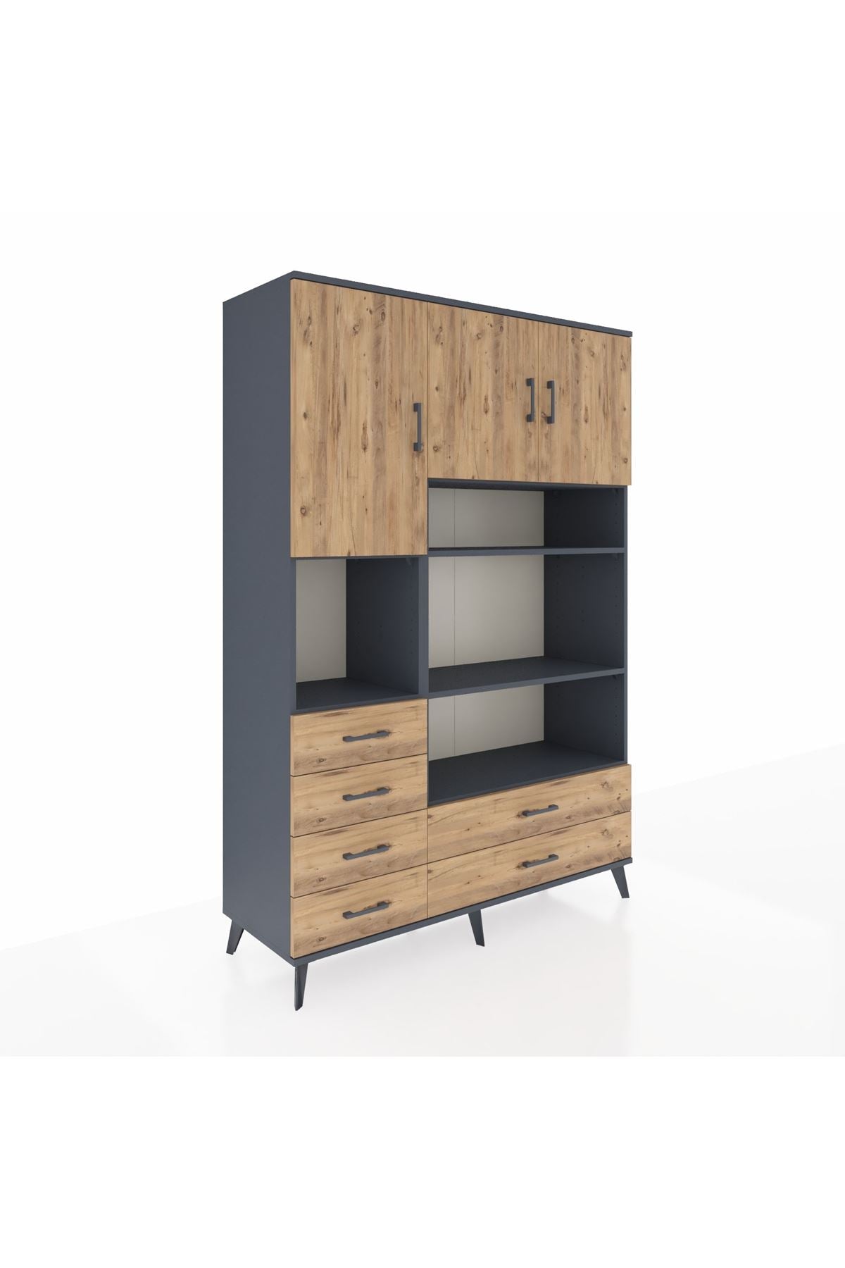 Hyperion Dolap 9 Raflı 6 Çekmeceli 3 Kapaklı 132x44x195 Antrasit-Çam/Çam