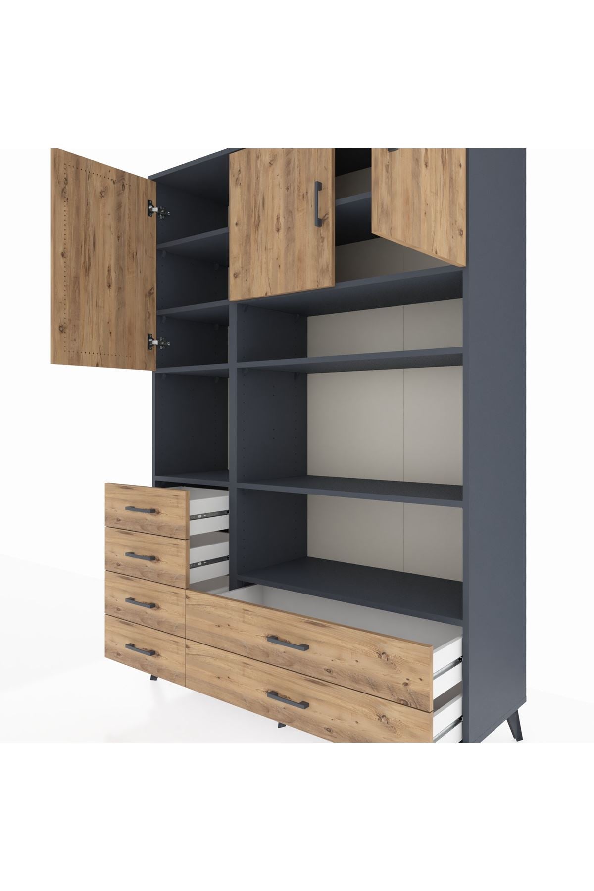 Hyperion Dolap 9 Raflı 6 Çekmeceli 3 Kapaklı 132x44x195 Antrasit-Çam/Çam